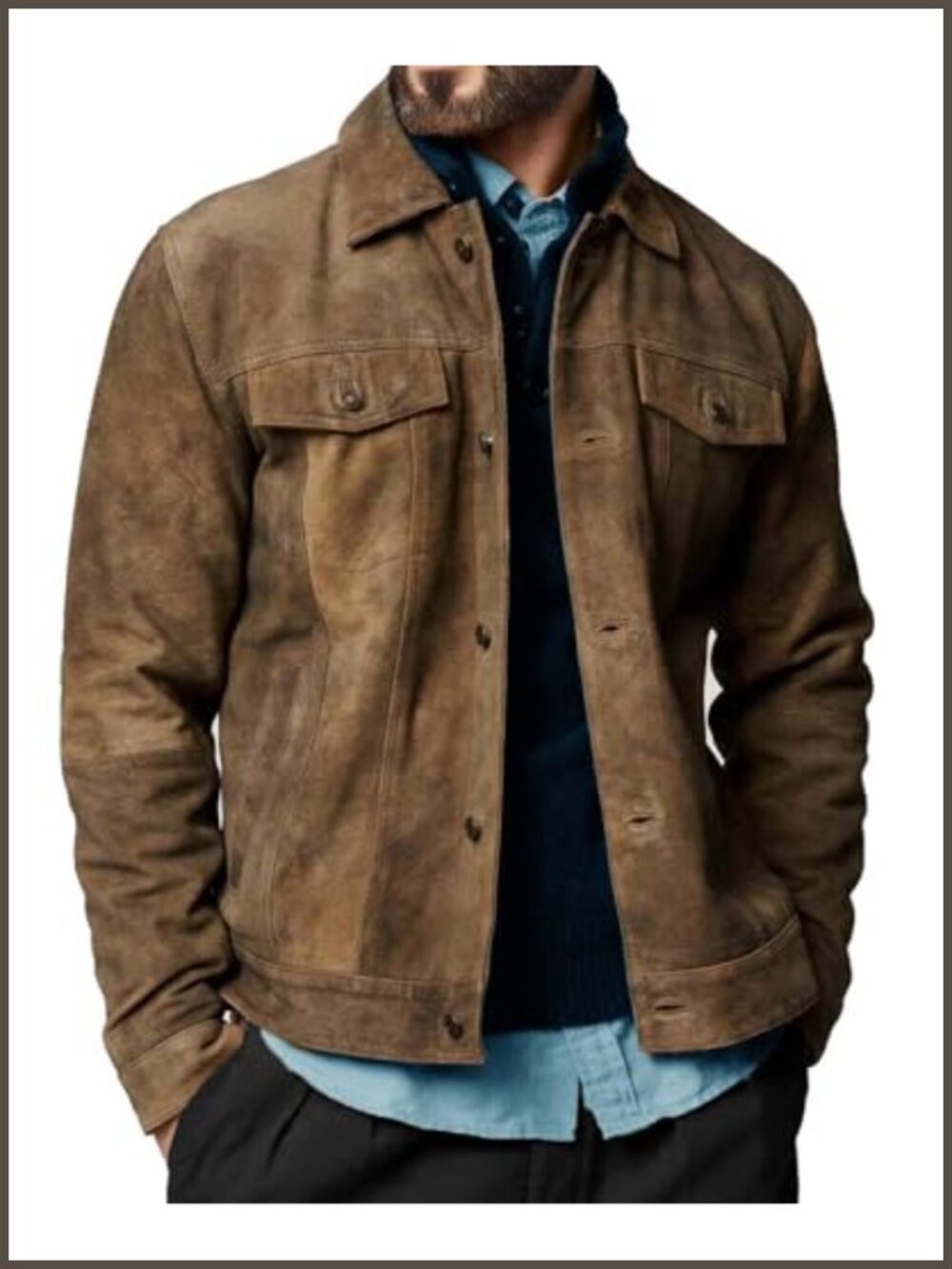 Genuine Lambskin Suede Leather Trucker Jacket Men Slim Fit
